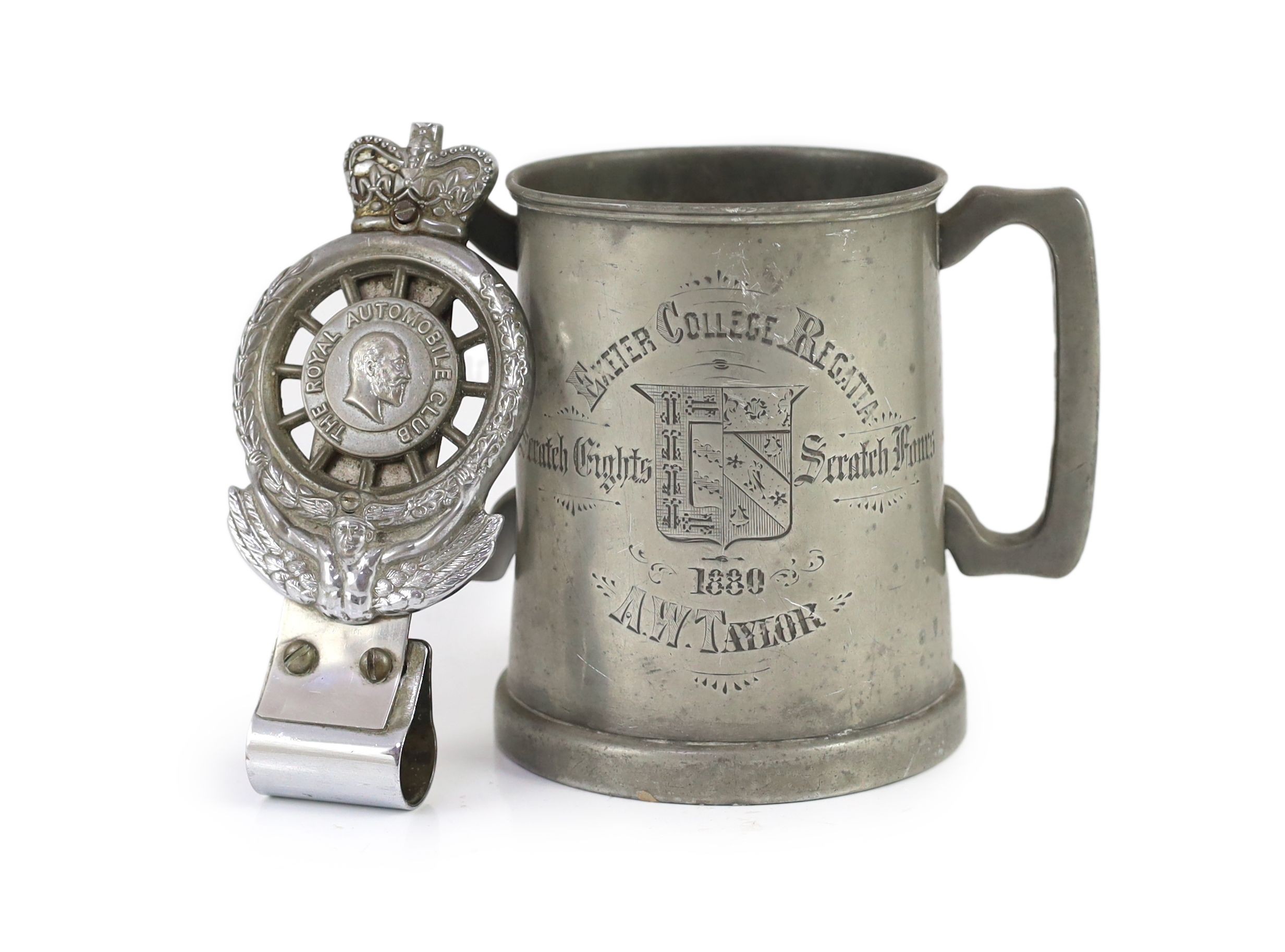 A Victorian pewter two handled presentation mug 'Exeter College Regatta, 1880'